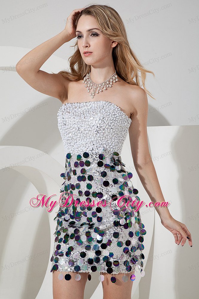 Mini White Strapless Nightclub Dress with Beading and Sequins