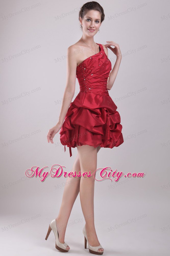 Red A-Line One Shoulder Mini-length Beaded Nightclub Dress