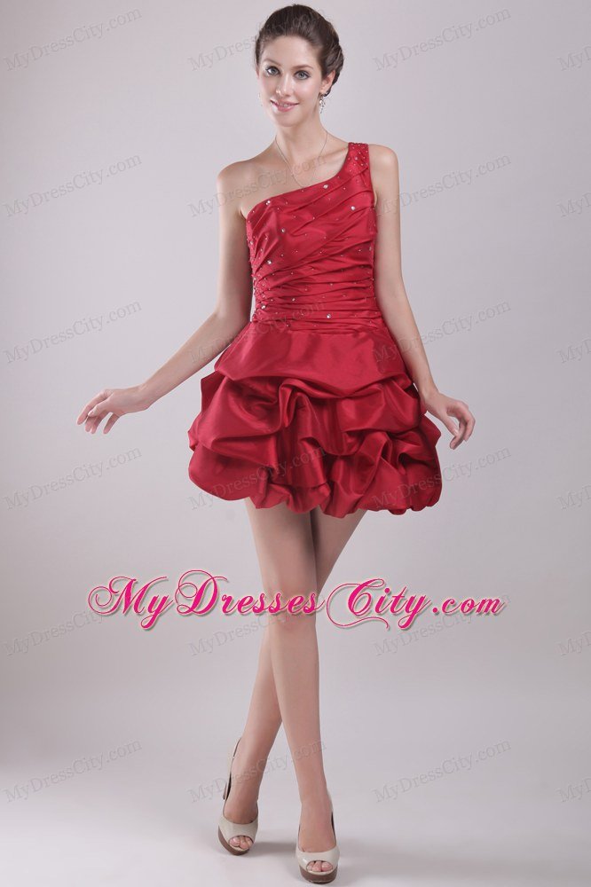 Red A-Line One Shoulder Mini-length Beaded Nightclub Dress