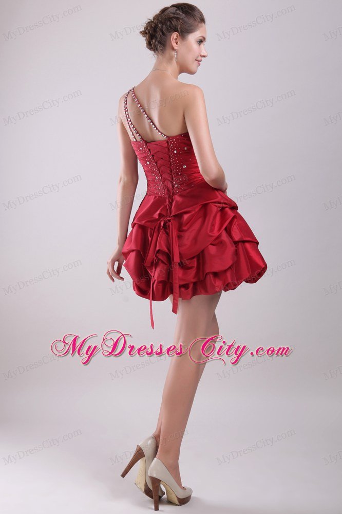 Red A-Line One Shoulder Mini-length Beaded Nightclub Dress