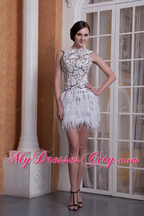 White Column Scoop Feather and Elastic Woven Satin Club Wear