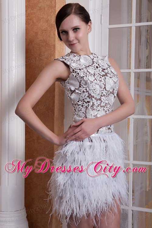 White Column Scoop Feather and Elastic Woven Satin Club Wear