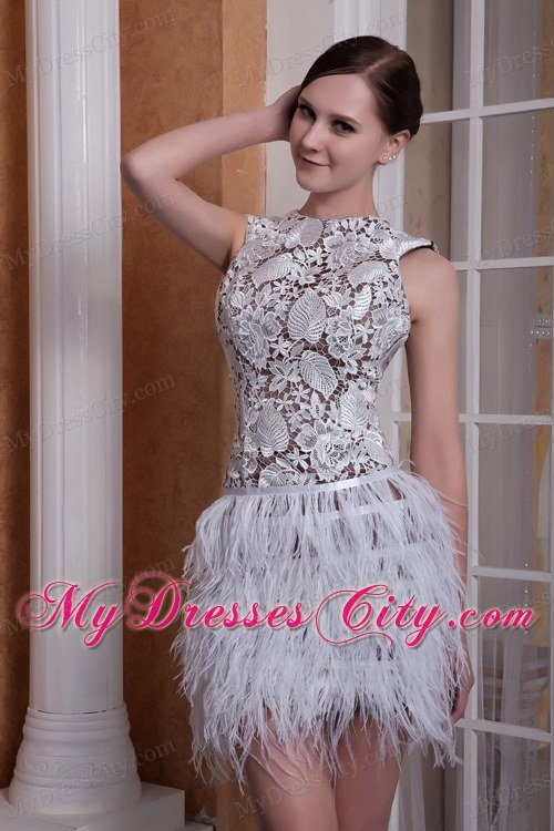 White Column Scoop Feather and Elastic Woven Satin Club Wear