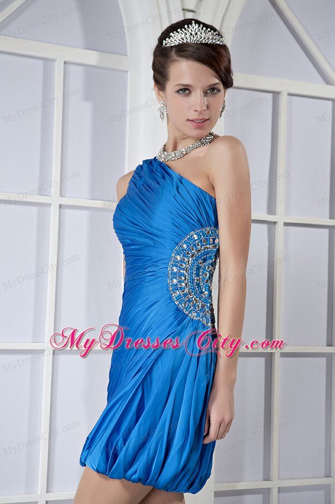 Sky Blue Column One Shoulder Mini-length Beaded Nightclub Dress