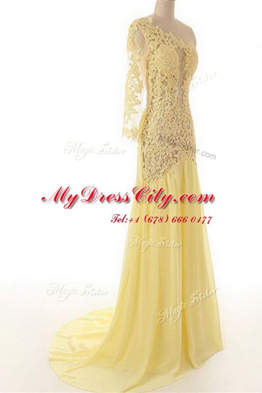 Custom Made One Shoulder Lace Column/Sheath 3 4 Length Sleeve Light Yellow Prom Dress Sweep Train Side Zipper