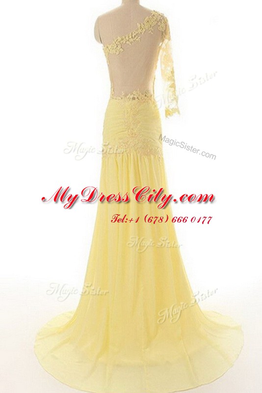 Custom Made One Shoulder Lace Column/Sheath 3 4 Length Sleeve Light Yellow Prom Dress Sweep Train Side Zipper