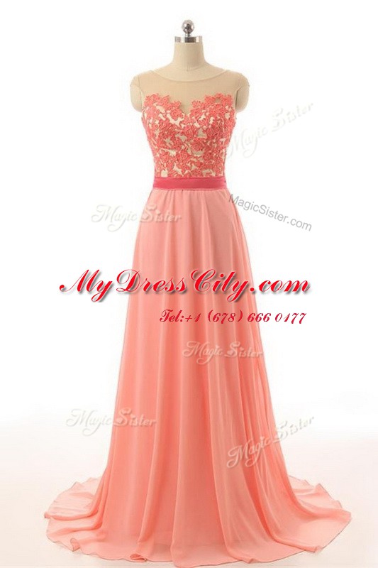 Fine Organza Sleeveless Prom Gown Brush Train and Appliques and Belt