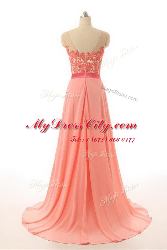 Fine Organza Sleeveless Prom Gown Brush Train and Appliques and Belt