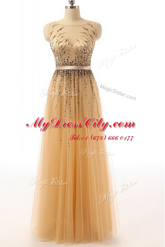 Wonderful Gold Sleeveless Floor Length Beading and Belt Side Zipper Homecoming Dress