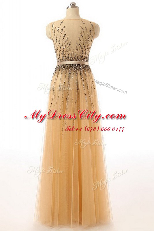 Wonderful Gold Sleeveless Floor Length Beading and Belt Side Zipper Homecoming Dress