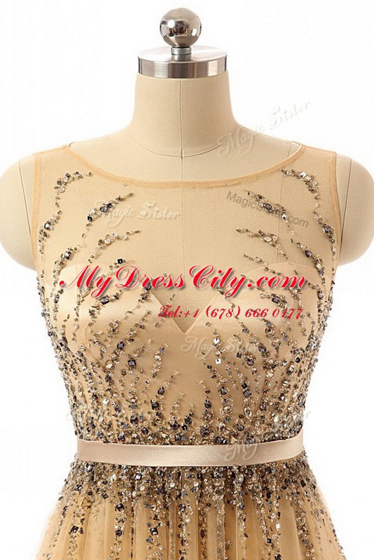 Wonderful Gold Sleeveless Floor Length Beading and Belt Side Zipper Homecoming Dress