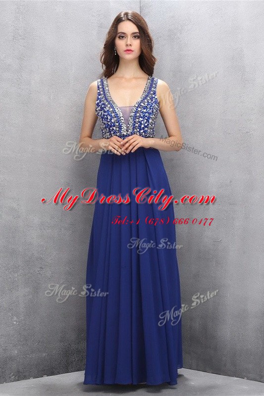 Blue Chiffon Zipper Homecoming Dress Sleeveless Floor Length Beading and Belt