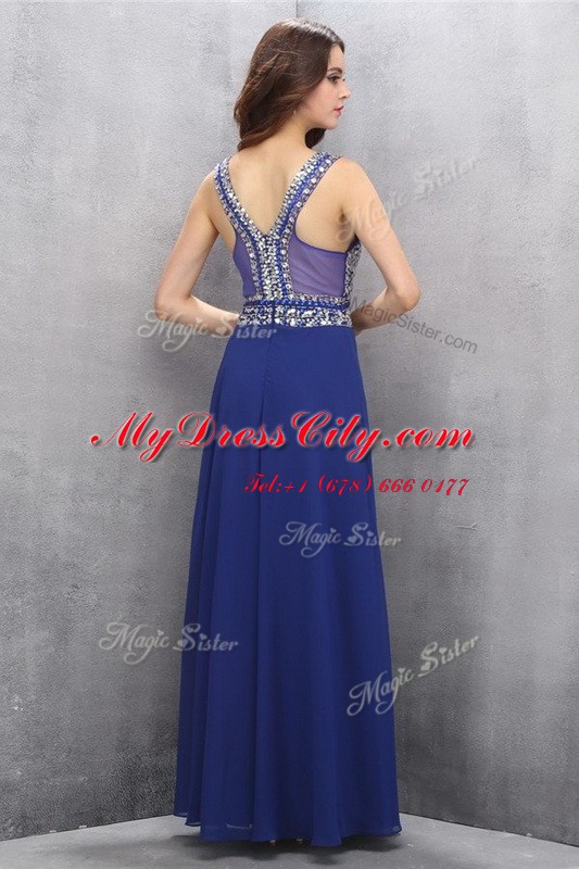 Blue Chiffon Zipper Homecoming Dress Sleeveless Floor Length Beading and Belt