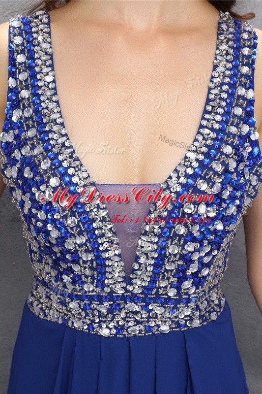 Blue Chiffon Zipper Homecoming Dress Sleeveless Floor Length Beading and Belt