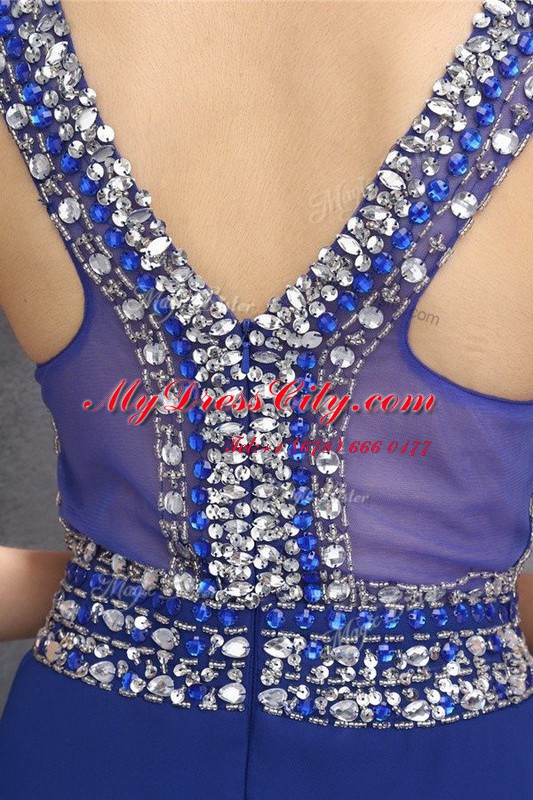 Blue Chiffon Zipper Homecoming Dress Sleeveless Floor Length Beading and Belt