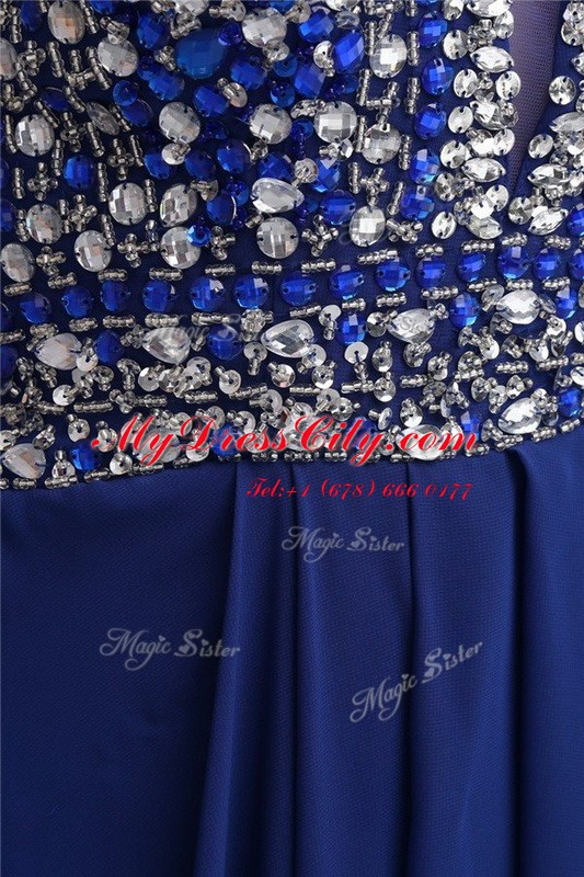 Blue Chiffon Zipper Homecoming Dress Sleeveless Floor Length Beading and Belt