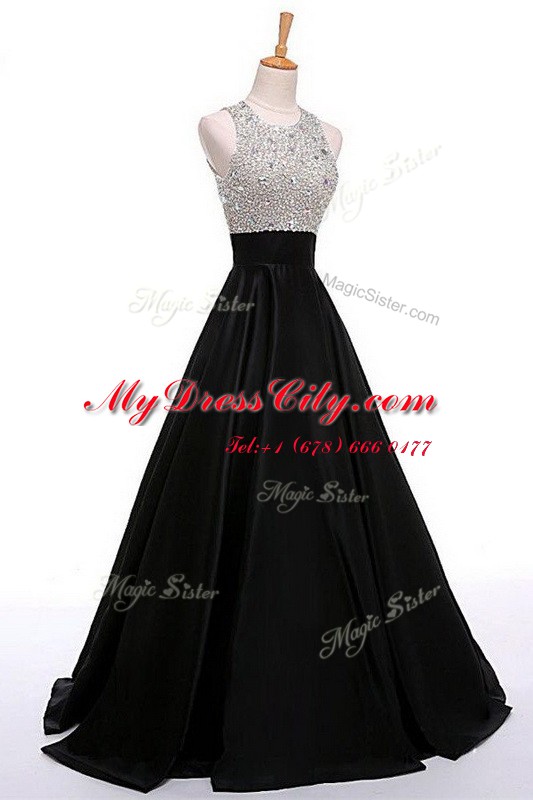 Scoop Sleeveless Prom Party Dress Floor Length Beading Black Satin