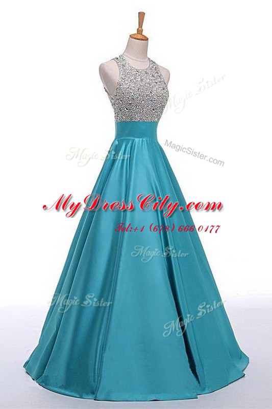 Scoop Sleeveless Prom Party Dress Floor Length Beading Black Satin