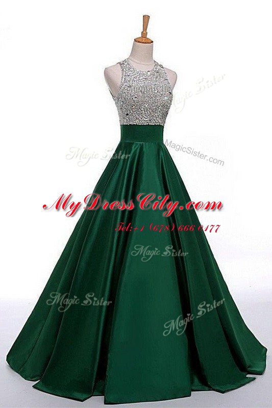 Scoop Sleeveless Prom Party Dress Floor Length Beading Black Satin