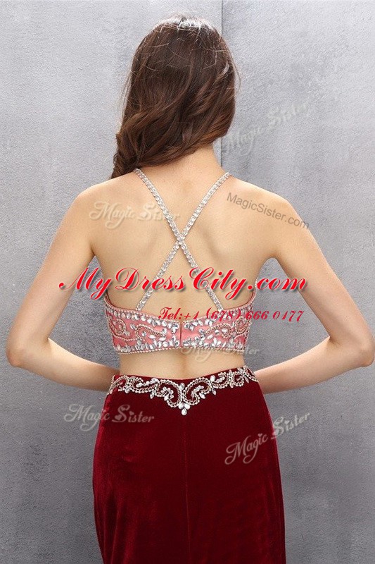 Cheap Scoop Sleeveless Brush Train Beading and Appliques Burgundy Chiffon