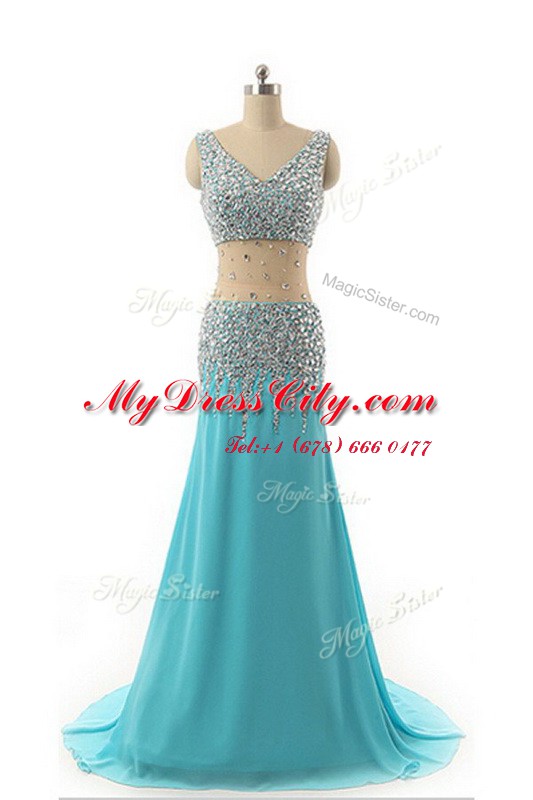 Attractive Asymmetrical Zipper Evening Dress Aqua Blue for Prom and Party with Beading