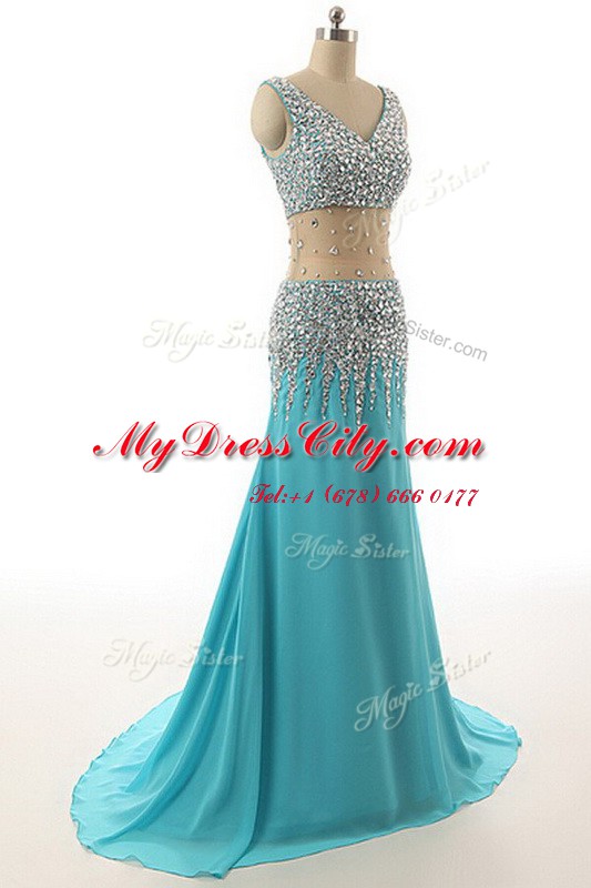 Attractive Asymmetrical Zipper Evening Dress Aqua Blue for Prom and Party with Beading