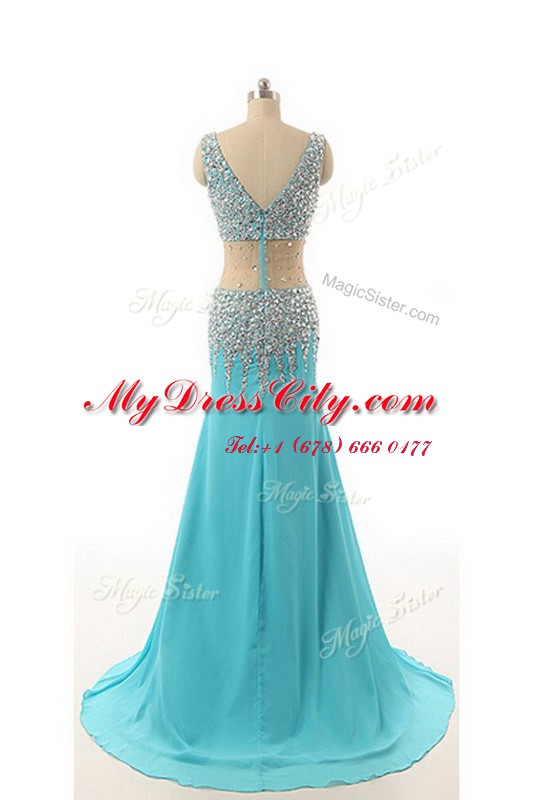 Attractive Asymmetrical Zipper Evening Dress Aqua Blue for Prom and Party with Beading