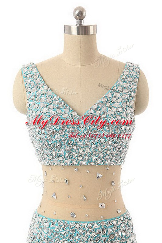 Attractive Asymmetrical Zipper Evening Dress Aqua Blue for Prom and Party with Beading