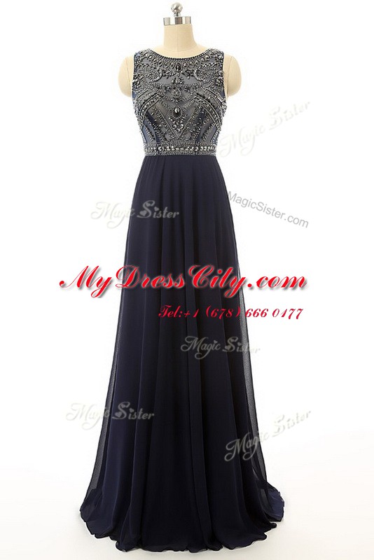 Fantastic High-neck Sleeveless Prom Party Dress Floor Length Beading Black Chiffon