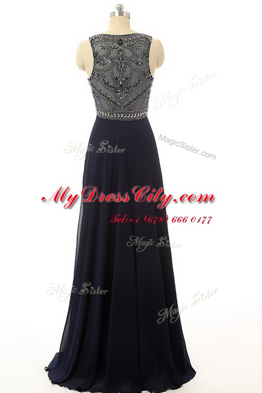 Fantastic High-neck Sleeveless Prom Party Dress Floor Length Beading Black Chiffon