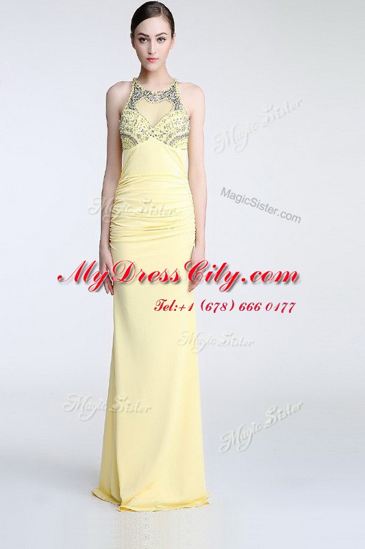 Scoop Sleeveless Chiffon Floor Length Criss Cross Dress for Prom in Light Yellow with Beading and Ruching