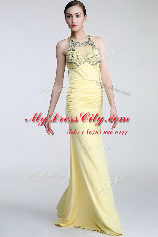 Scoop Sleeveless Chiffon Floor Length Criss Cross Dress for Prom in Light Yellow with Beading and Ruching