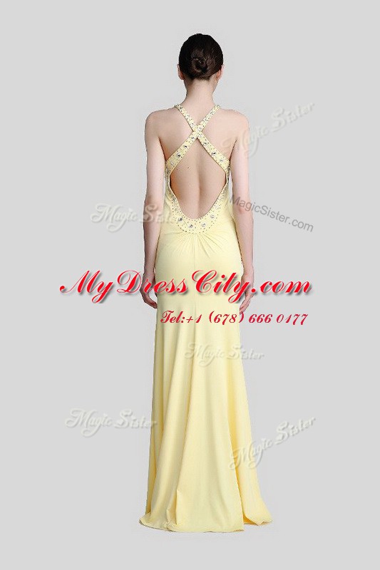 Scoop Sleeveless Chiffon Floor Length Criss Cross Dress for Prom in Light Yellow with Beading and Ruching