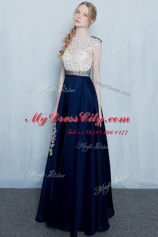 Scoop Floor Length Navy Blue Prom Party Dress Chiffon Cap Sleeves Beading and Ruching