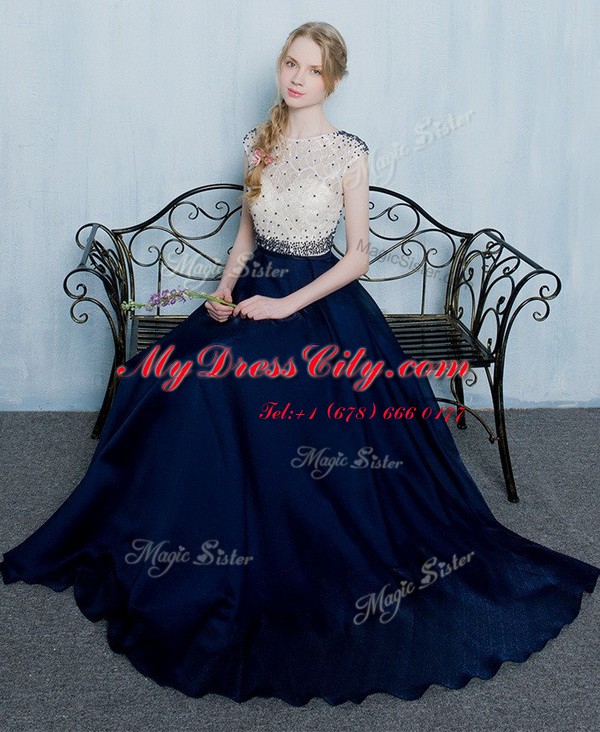 Scoop Floor Length Navy Blue Prom Party Dress Chiffon Cap Sleeves Beading and Ruching