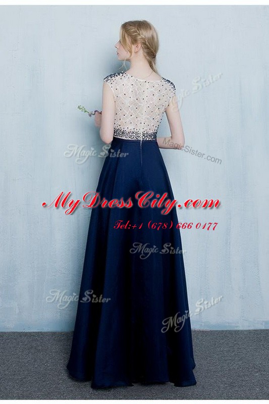 Scoop Floor Length Navy Blue Prom Party Dress Chiffon Cap Sleeves Beading and Ruching