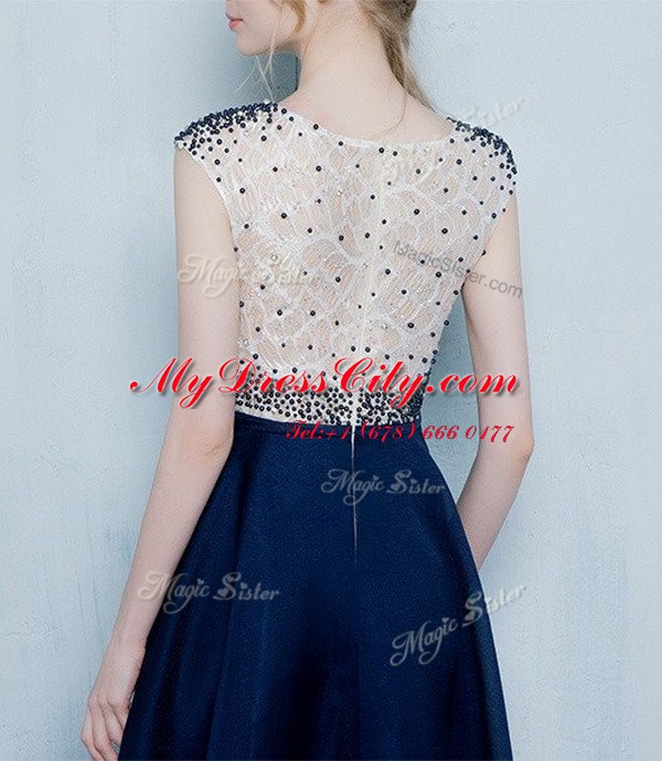 Scoop Floor Length Navy Blue Prom Party Dress Chiffon Cap Sleeves Beading and Ruching