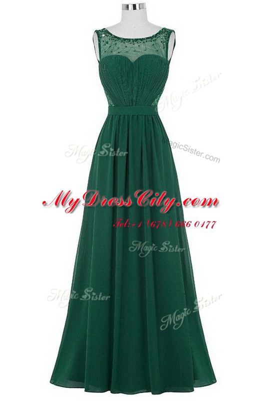 Romantic Scoop Beading and Ruching Evening Dress Dark Green Zipper Sleeveless Floor Length