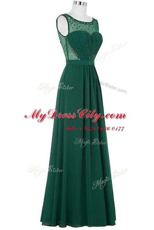 Romantic Scoop Beading and Ruching Evening Dress Dark Green Zipper Sleeveless Floor Length