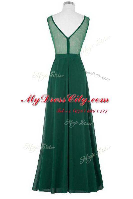 Romantic Scoop Beading and Ruching Evening Dress Dark Green Zipper Sleeveless Floor Length