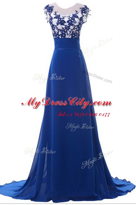 Affordable Scoop Sleeveless Chiffon With Brush Train Zipper Prom Gown in Blue with Beading and Appliques