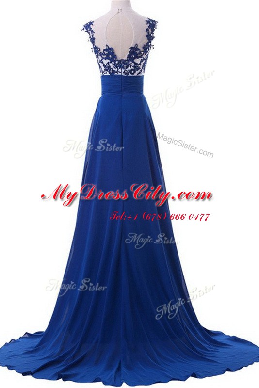 Affordable Scoop Sleeveless Chiffon With Brush Train Zipper Prom Gown in Blue with Beading and Appliques