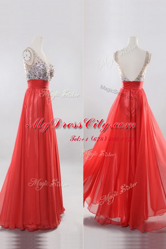 Hot Sale Sleeveless Zipper Floor Length Beading Evening Dress