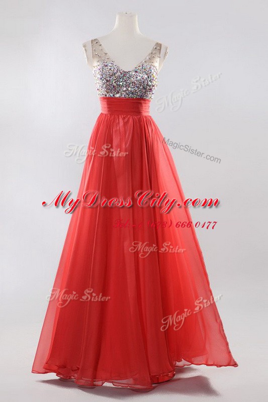 Hot Sale Sleeveless Zipper Floor Length Beading Evening Dress