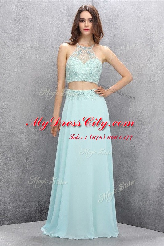 Halter Top Empire Sleeveless Light Blue Prom Evening Gown Sweep Train Zipper