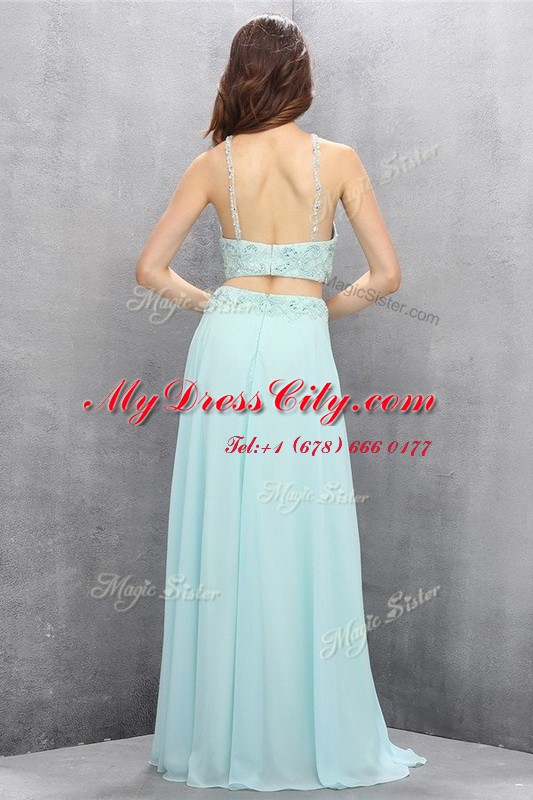 Halter Top Empire Sleeveless Light Blue Prom Evening Gown Sweep Train Zipper