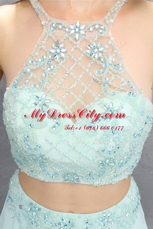 Halter Top Empire Sleeveless Light Blue Prom Evening Gown Sweep Train Zipper