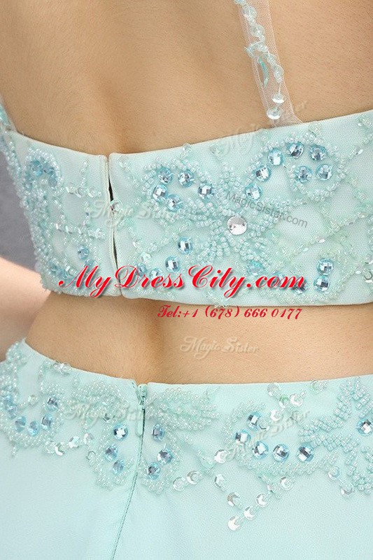 Halter Top Empire Sleeveless Light Blue Prom Evening Gown Sweep Train Zipper