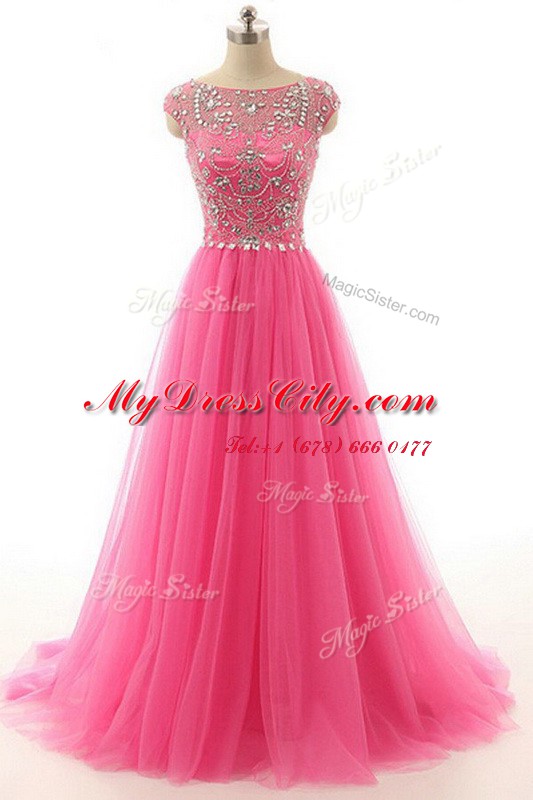 Lace Hot Pink Bateau Zipper Beading Evening Dress Short Sleeves