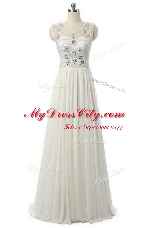 Clearance White Chiffon Zipper Prom Gown Sleeveless Floor Length Beading